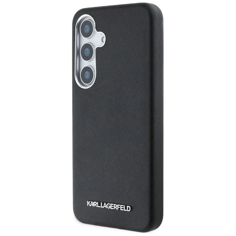 Karl Lagerfeld Saffiano Full Wrapped Elongated Metal Logo MagSafe – dėklas Samsung Galaxy S25+ telefonui (juodas)