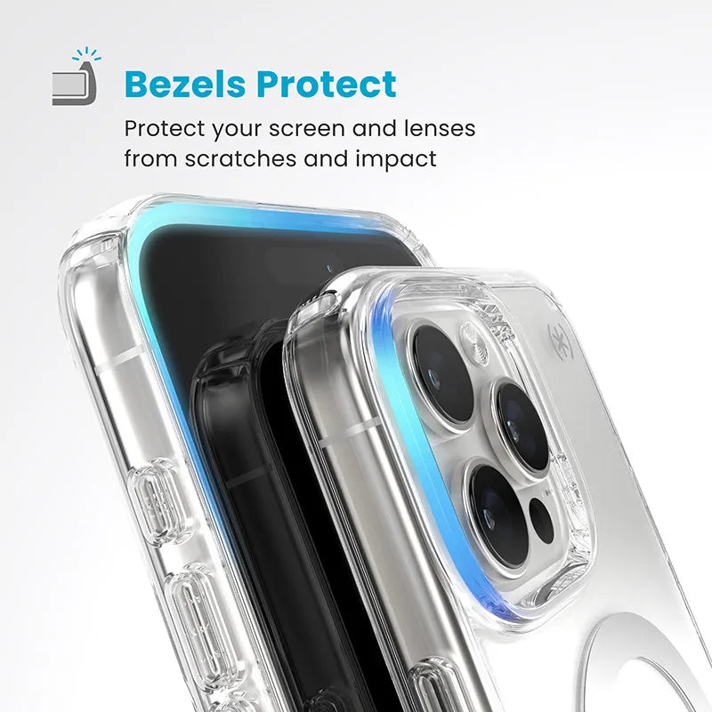 Speck Presidio Perfect-Clear MagSafe - iPhone 16 Pro Max dėklas (Skaidrus / Chromuota apdaila / Serene Silver)