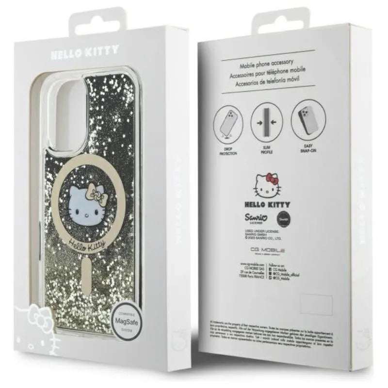 Hello Kitty Liquid Glitter Fever MagSafe – dėklas iPhone 16 (juodas/auksinis)