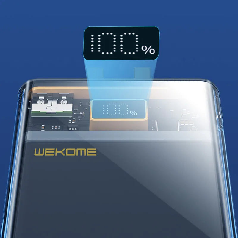 WEKOME WP-325 Vanguard Series – Išorinė baterija 20000 mAh su sparčiuoju įkrovimu, integruotais USB-C ir Lightning laidais, PD 20W + QC 22.5W (juoda / skaidri)
