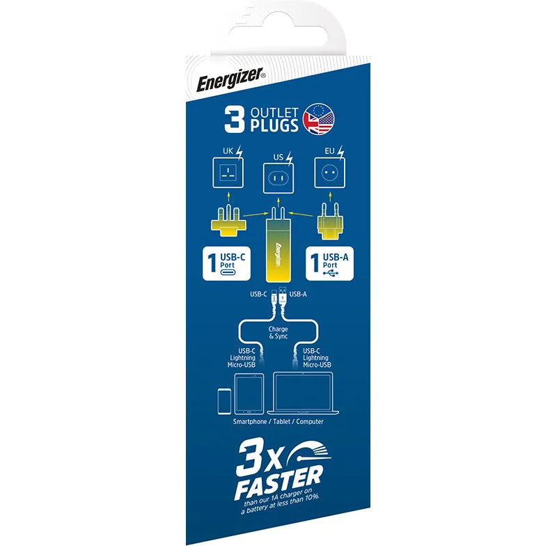 Energizer Ultimate – GaN USB-C ir USB-A 65W PD tinklo įkroviklis su EU/UK/US adapteriais (sidabrinis)