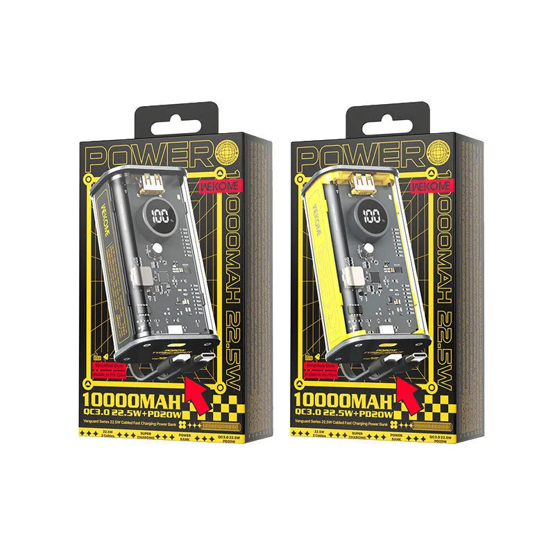 WEKOME WP-345 Vanguard Series – išorinė baterija 10000 mAh, greitas įkrovimas su integruotu USB-C ir Lightning laidu, PD 20W + QC 22.5W (juoda)