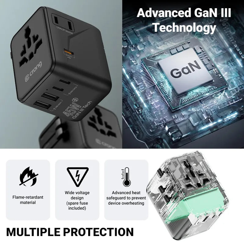 Crong One World kelioninis adapteris – universalus GaN kelioninis adapteris 45W UK/EU/US/AU (juodas)