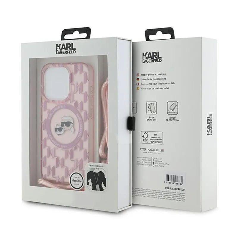 Karl Lagerfeld IML Crossbody Monogram Karl & Choupette Head MagSafe – Dėklas, skirtas iPhone 15 Pro Max (Rožinis)