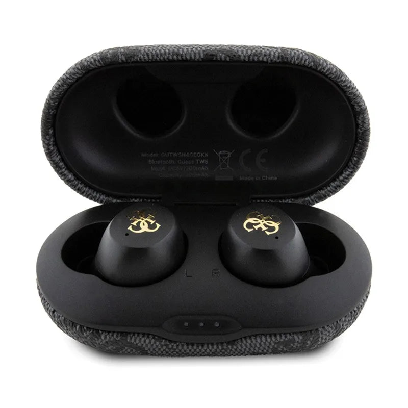 Guess 4G Metal Logo – TWS ENC Bluetooth ausinės + įkrovimo dėklas (juodos)