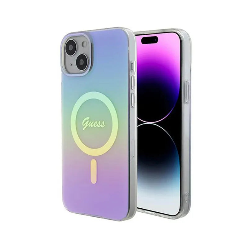 Guess IML Iridescent MagSafe dėklas - iPhone 15 Plus (violetinis)