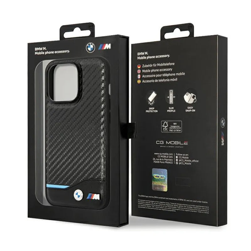 BMW Leather Carbon Blue Line – dėklas iPhone 13 Pro Max (juodas)