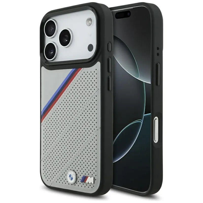 BMW M Tricolor Metal Logo MagSafe – iPhone 17 Pro dėklas (pilkas)