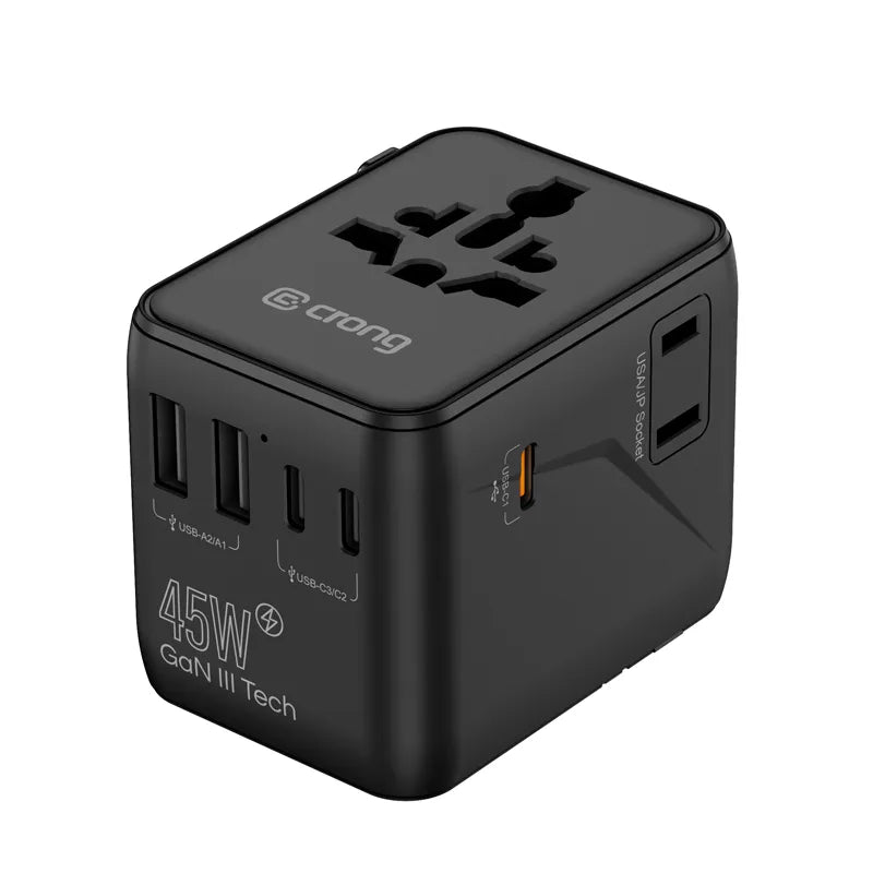 Crong One World kelioninis adapteris – universalus GaN kelioninis adapteris 45W UK/EU/US/AU (juodas)