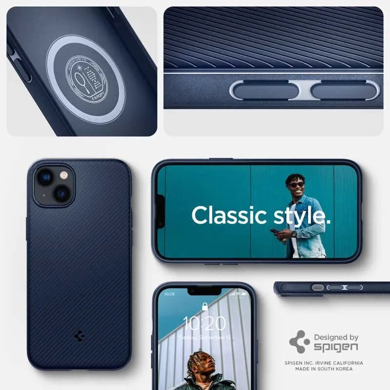Spigen Mag Armor – dėklas iPhone 14 Plus (tamsiai mėlynas)