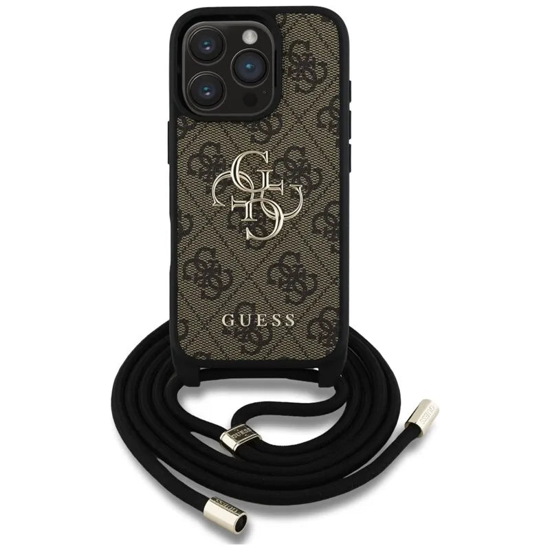 Guess 4G Big Logo Cord Strap Crossbody – dėklas iPhone 16 Pro Max (rudas)