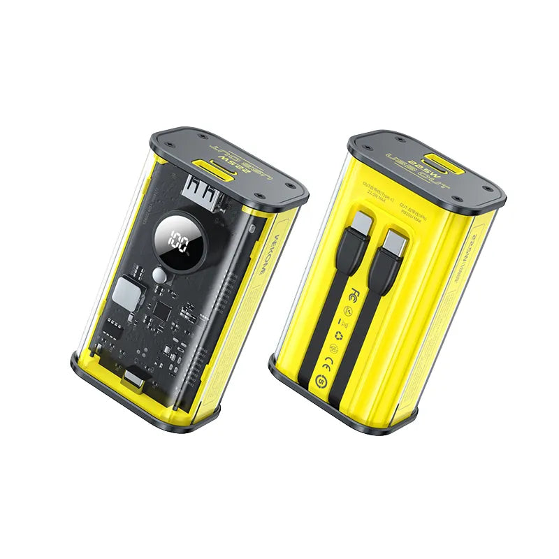 WEKOME WP-345 Vanguard Series – 10000 mAh išorinė baterija, greitas įkrovimas su integruotu USB-C ir Lightning PD 20W laidu + QC 22.5W (geltona)