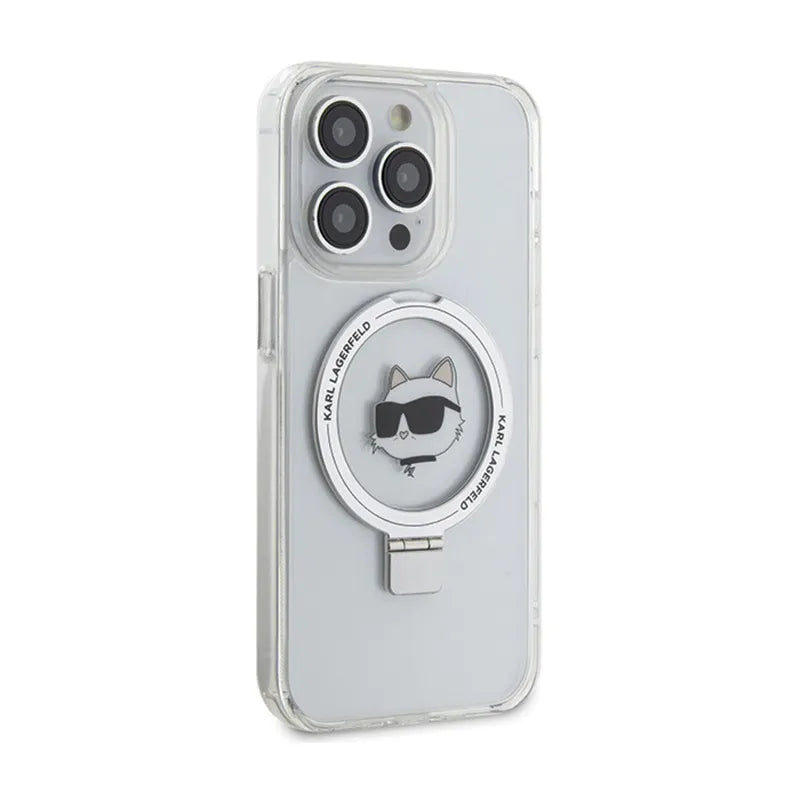 Karl Lagerfeld Ring Stand Choupette Head MagSafe – dėklas iPhone 15 Pro Max (baltas)