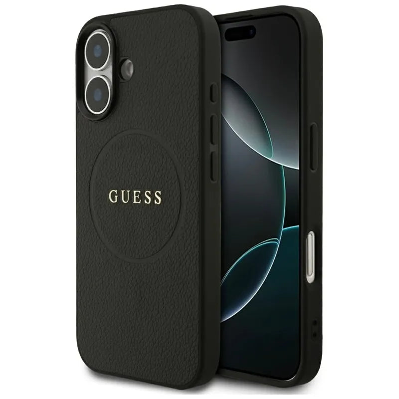 Guess Grained Ring MagSafe – dėklas iPhone 17 (juodas)