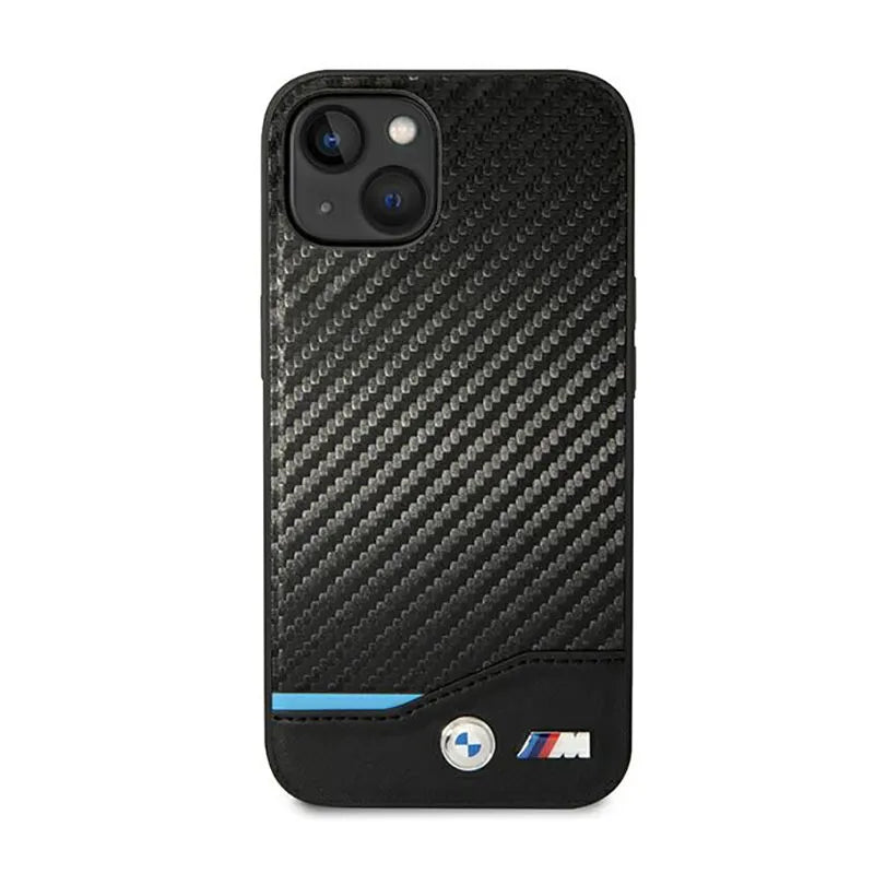 BMW Leather Carbon Blue Line – Dėklas, skirtas iPhone 14 (juodas)