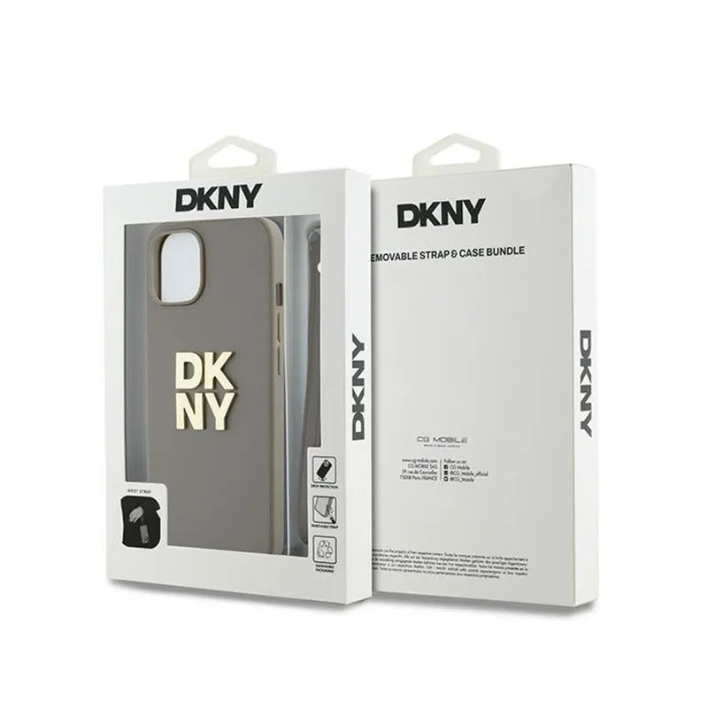 DKNY Wrist Strap Stock Logo – dėklas iPhone 15 / 14 / 13 (smėlio spalvos)