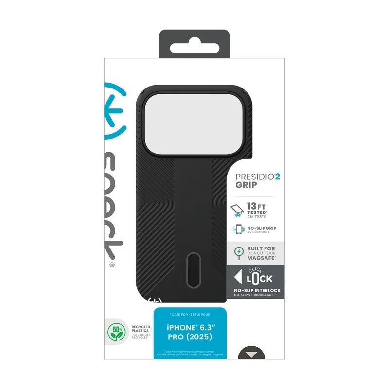 Speck Presidio2 Grip ClickLock & MagSafe – iPhone 17 Pro dėklas (juodas / pilkas / baltas)