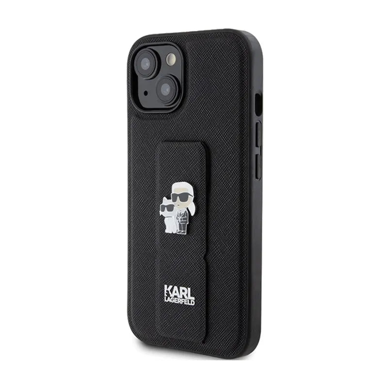 Karl Lagerfeld Gripstand Saffiano Karl & Choupette Pins – dėklas iPhone 15 (juodas)