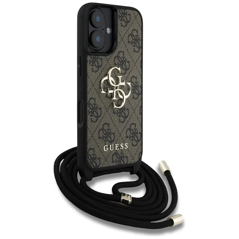 „Guess 4G Big Logo Cord Strap Crossbody“ – dėklas „iPhone 16 Plus“ (rudos spalvos)