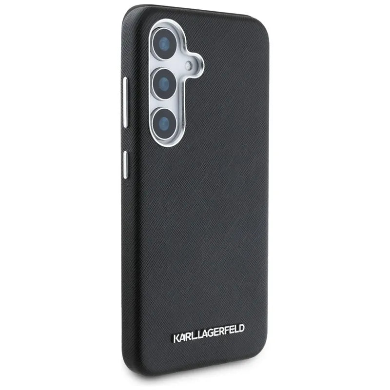 Karl Lagerfeld Saffiano Full Wrapped Elongated Metal Logo MagSafe – dėklas Samsung Galaxy S25+ telefonui (juodas)