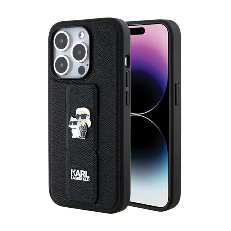 Karl Lagerfeld Gripstand Saffiano Karl & Choupette Pins dėklas, skirtas iPhone 15 Pro (juodas)