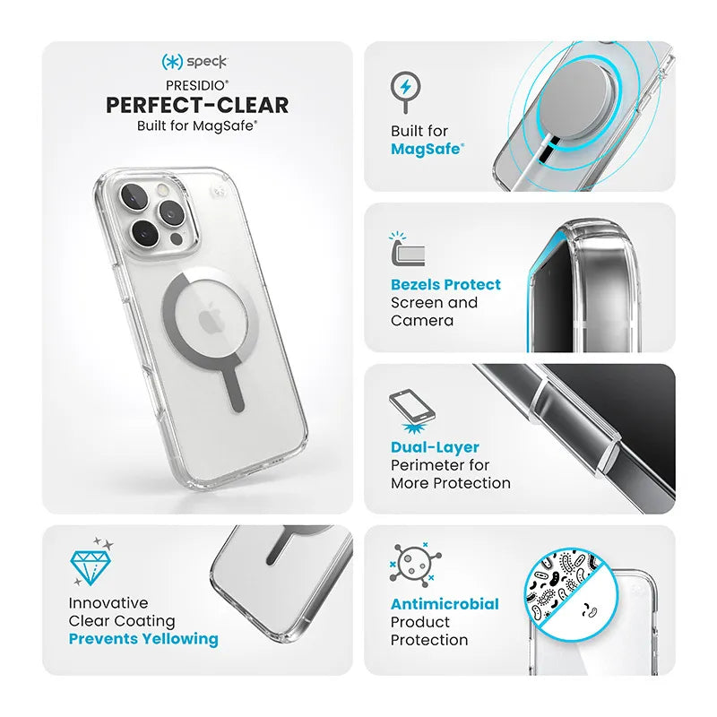Speck Presidio Perfect-Clear MagSafe - iPhone 16 Pro Max dėklas (Skaidrus / Chromuota apdaila / Serene Silver)