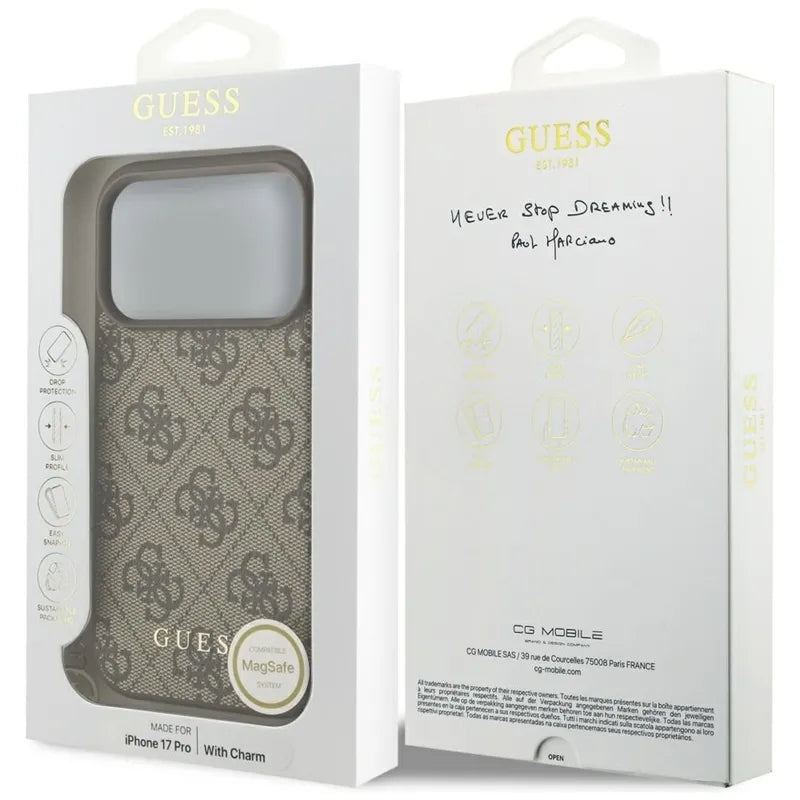 Guess 4G Charms Collection MagSafe – iPhone 17 Pro dėklas (rudas)