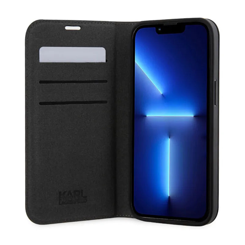 Karl Lagerfeld Booktype Saffiano Monogram – dėklas iPhone 14 Pro (juodas)
