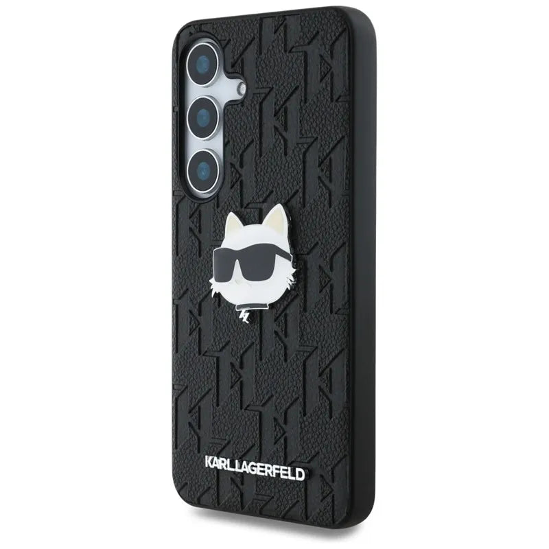 Karl Lagerfeld „Leather Monogram Pin Logo Choupette Head“ dėklas, skirtas Samsung Galaxy S25+ (juodas)