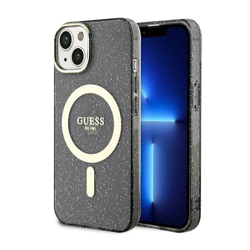 Guess Glitter Gold MagSafe - Dėklas iPhone 14 (Juodas)