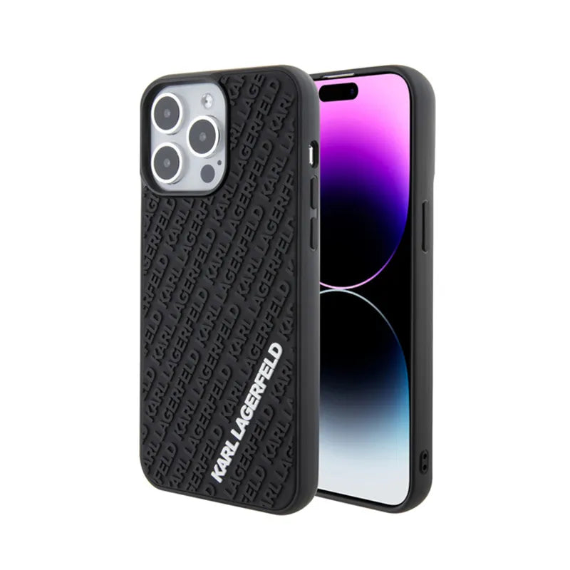 Karl Lagerfeld 3D Rubber Multi Logo dėklas iPhone 15 Pro Max telefonui (juodas)