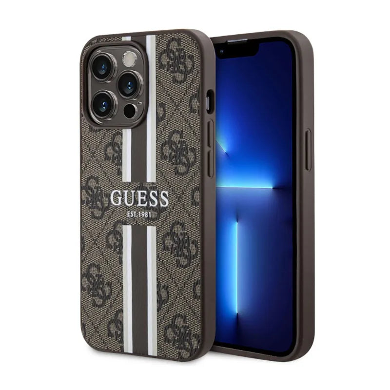 Guess 4G Printed Stripes MagSafe – dėklas iPhone 13 Pro Max (rudas)