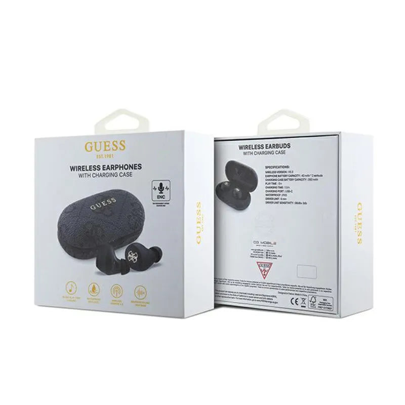 Guess 4G Metal Logo – TWS ENC Bluetooth ausinės + įkrovimo dėklas (juodos)