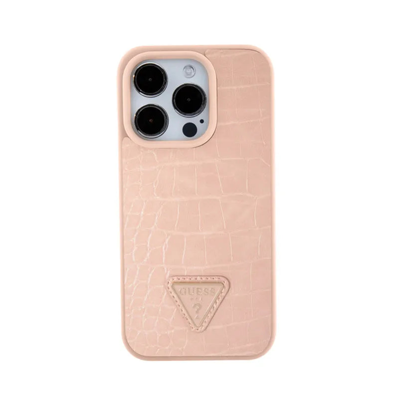 Guess Croco Triangle Metal Logo – dėklas iPhone 15 Pro telefonui (rožinis)