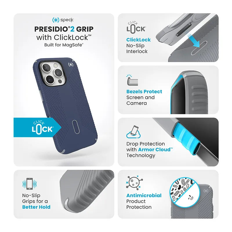 Speck Presidio2 Grip ClickLock & MagSafe – dėklas iPhone 16 Pro (Coastal Blue / Dust Gray / White)