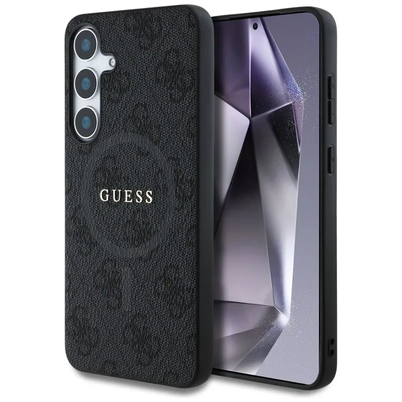 Guess Leather 4G Colored Ring Classic Logo MagSafe – dėklas Samsung Galaxy S25+ (juodas)