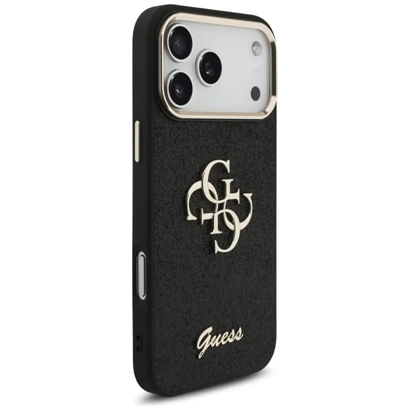 „Guess Fixed Glitter Big 4G Metal Frame“ – dėklas „iPhone 17 Pro Max“ (juodas)