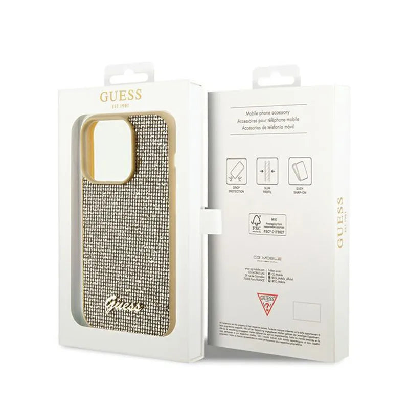 Guess Disco Metal Script – dėklas iPhone 14 Pro Max (auksinis)
