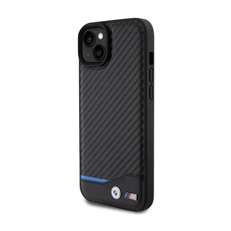 BMW Leather Carbon Blue Line – dėklas iPhone 15 Plus (juodas)