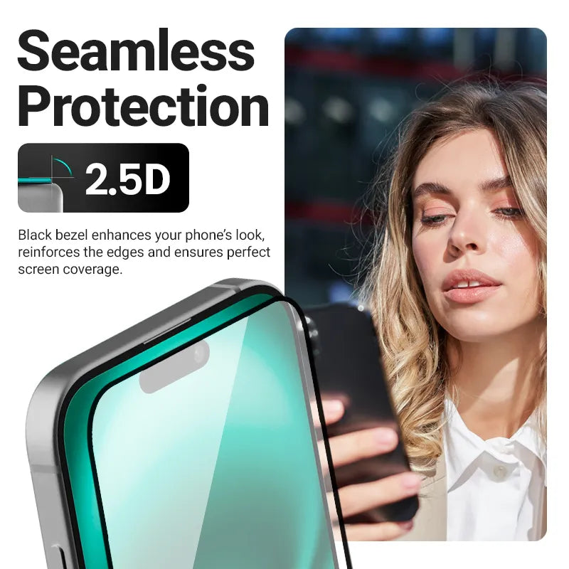Crong 3D Armor Glass – 9H Full Glue grūdintas stiklas, skirtas iPhone 16 / iPhone 15 + montavimo rėmelis