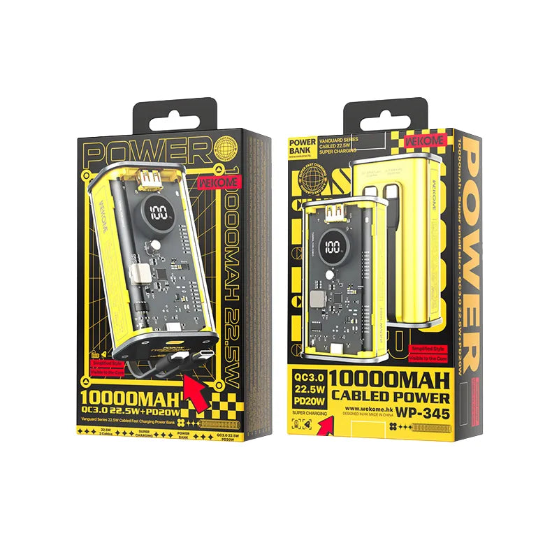 WEKOME WP-345 Vanguard Series – 10000 mAh išorinė baterija, greitas įkrovimas su integruotu USB-C ir Lightning PD 20W laidu + QC 22.5W (geltona)