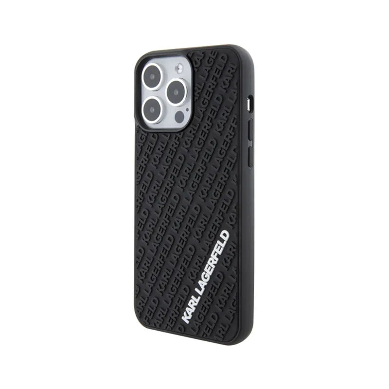 Karl Lagerfeld 3D Rubber Multi Logo dėklas iPhone 15 Pro Max telefonui (juodas)