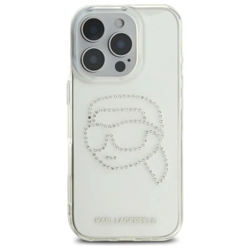 Karl Lagerfeld IML Rhinestones Karl Head dėklas, skirtas iPhone 16 Pro (skaidrus)