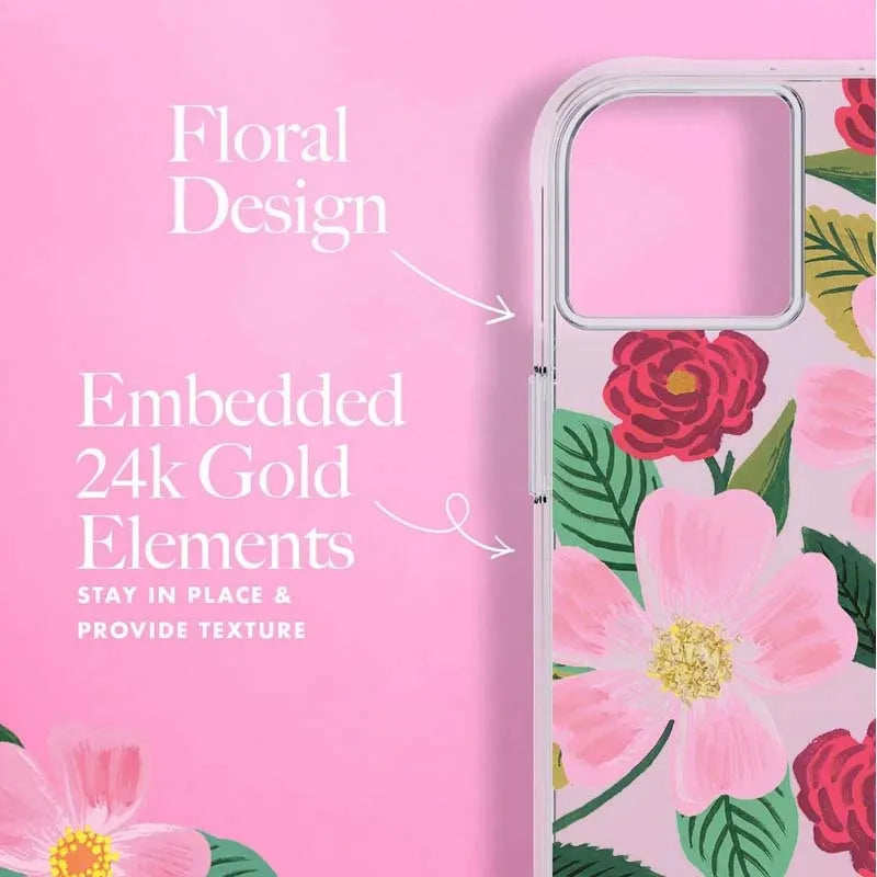 Rifle Paper Clear – auksu dekoruotas dėklas, skirtas iPhone 14 Plus (Rose Garden)