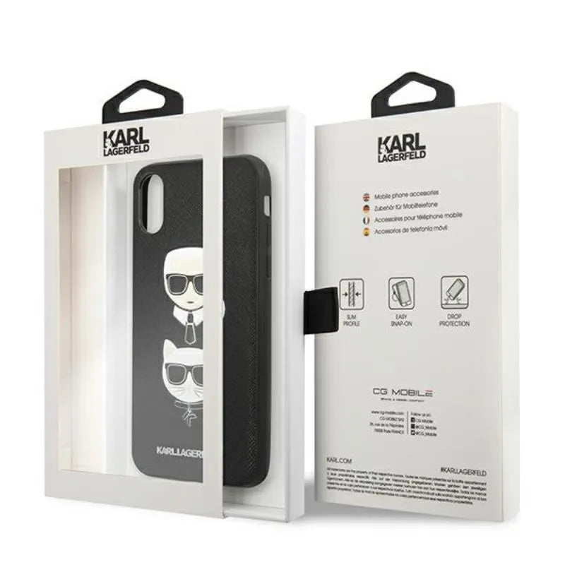 Karl Lagerfeld Saffiano Karl & Choupette Heads – dėklas iPhone Xs / X telefonui (juodas)
