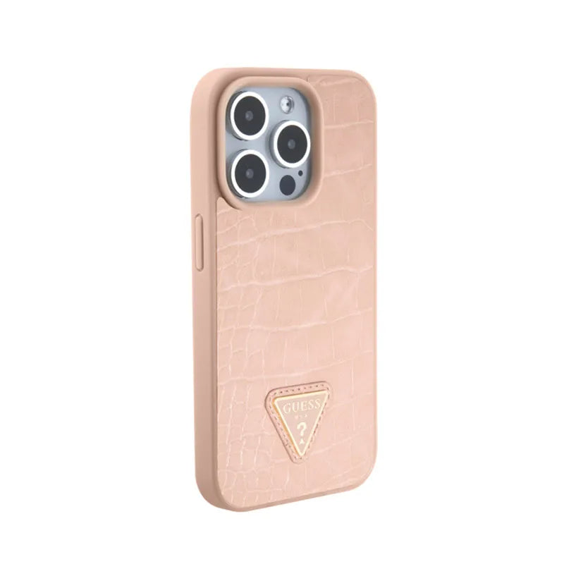 Guess Croco Triangle Metal Logo – dėklas iPhone 15 Pro telefonui (rožinis)