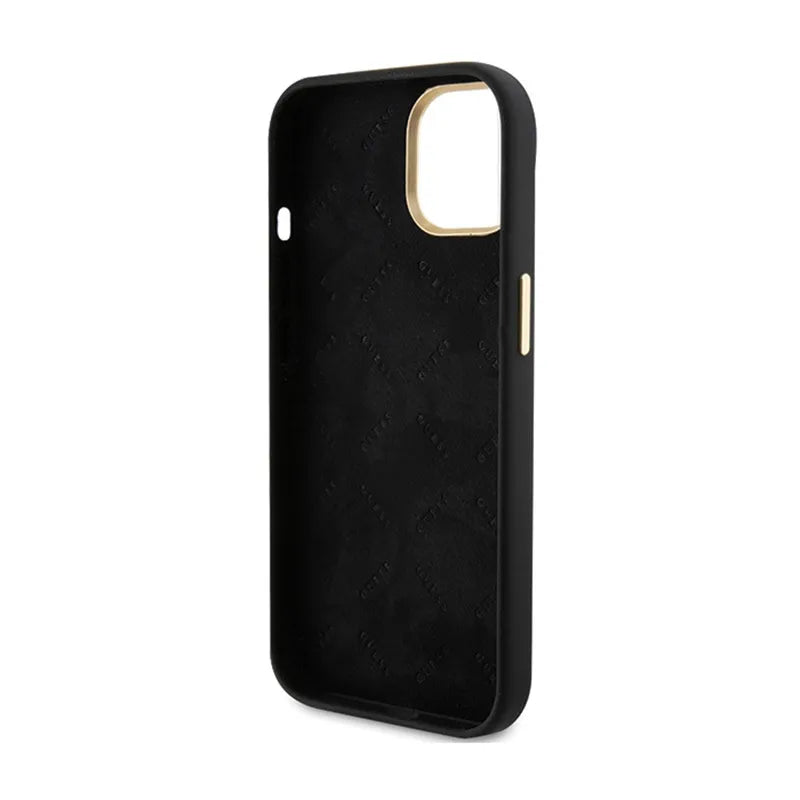 Guess Silicone Script Metal Logo & Frame dėklas – iPhone 15 (juodas)