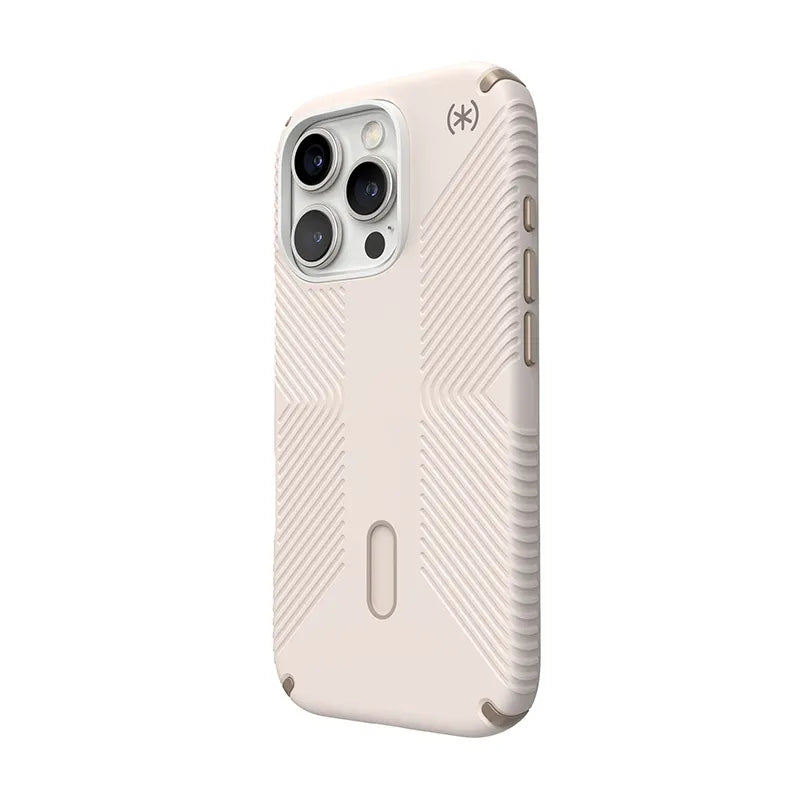 Speck Presidio2 Grip ClickLock & MagSafe – dėklas iPhone 16 Pro (smėlio spalva / auksinė / lazdyno riešuto ruda)