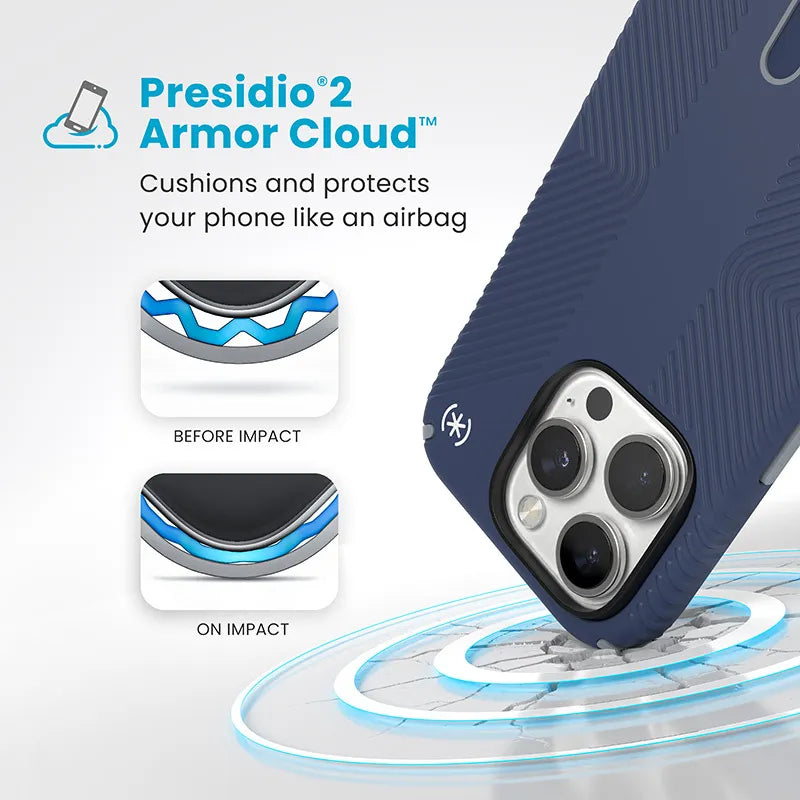 Speck Presidio2 Grip ClickLock & MagSafe – dėklas iPhone 16 Pro (Coastal Blue / Dust Gray / White)