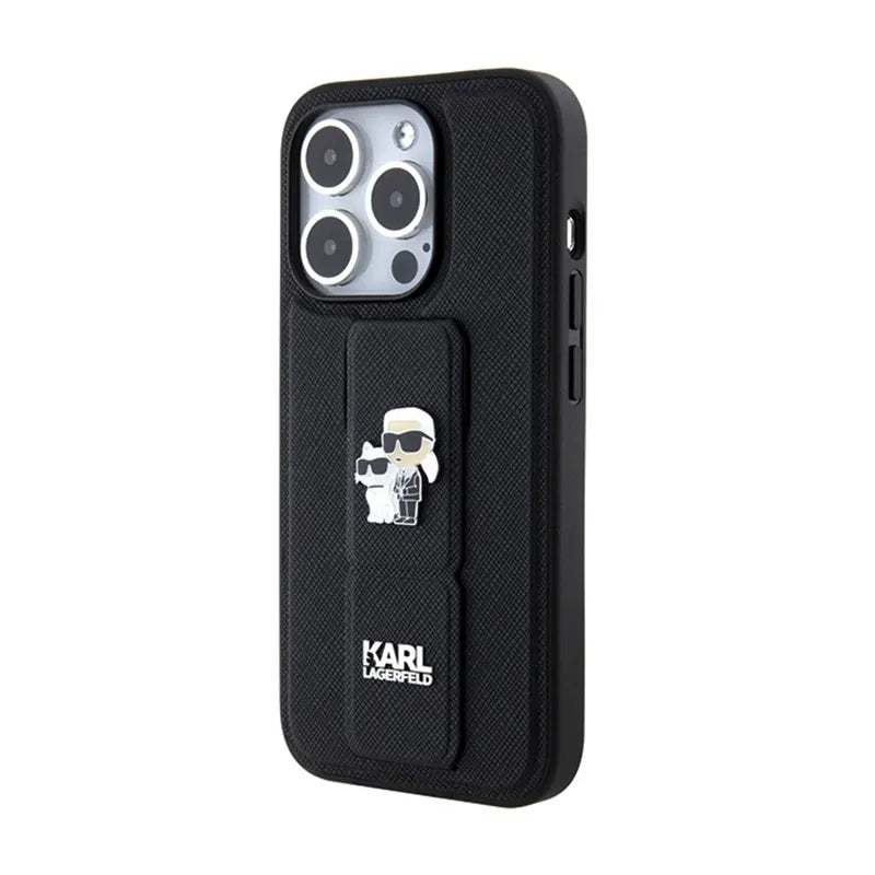Karl Lagerfeld Gripstand Saffiano Karl & Choupette Pins dėklas, skirtas iPhone 15 Pro (juodas)